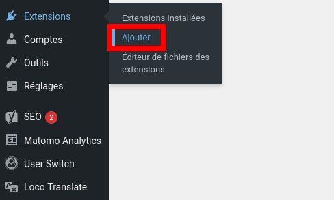 Menu ajouter extension Wordpress